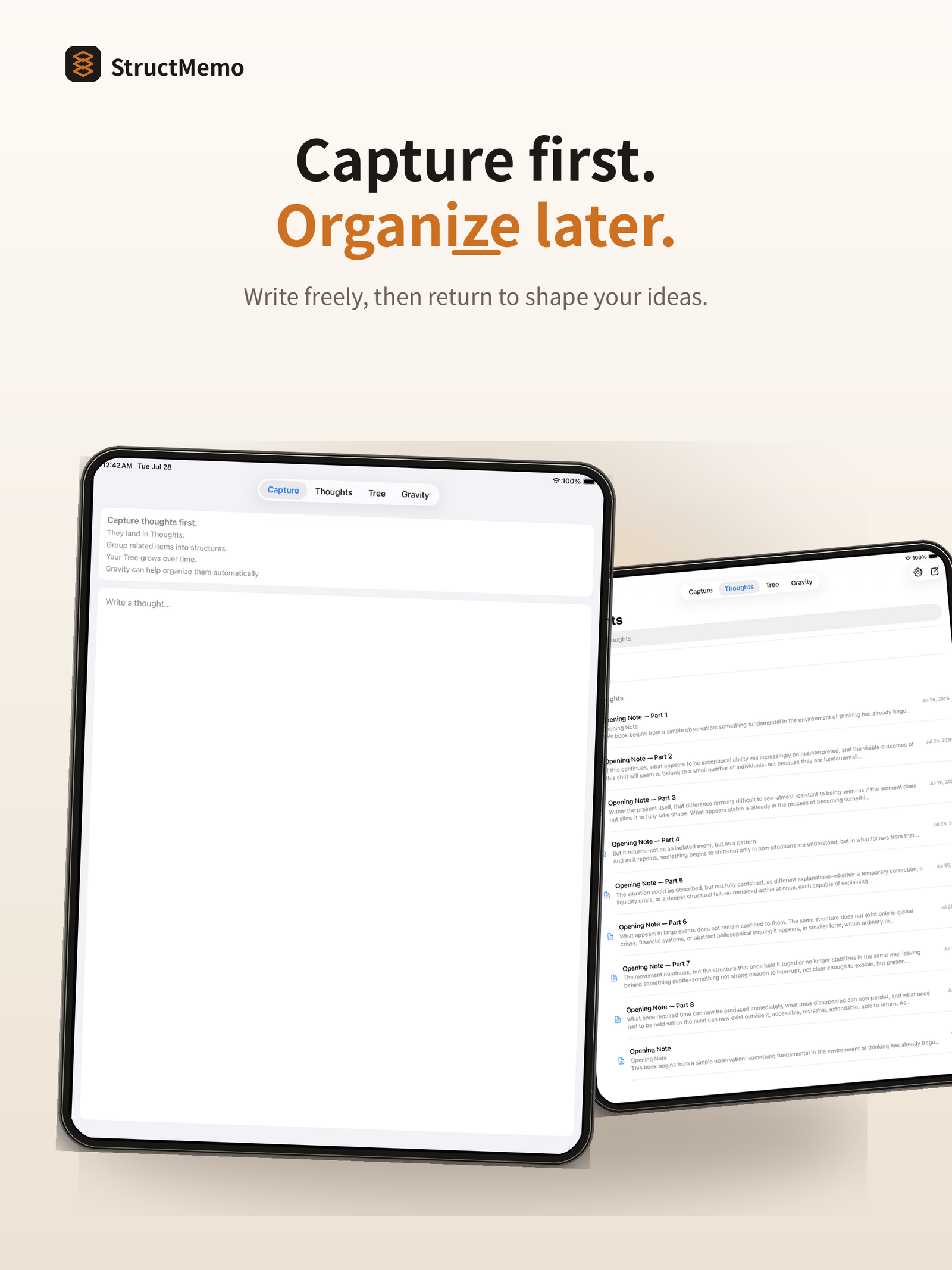 StructMemo shown across iPad screens for capturing before organizing