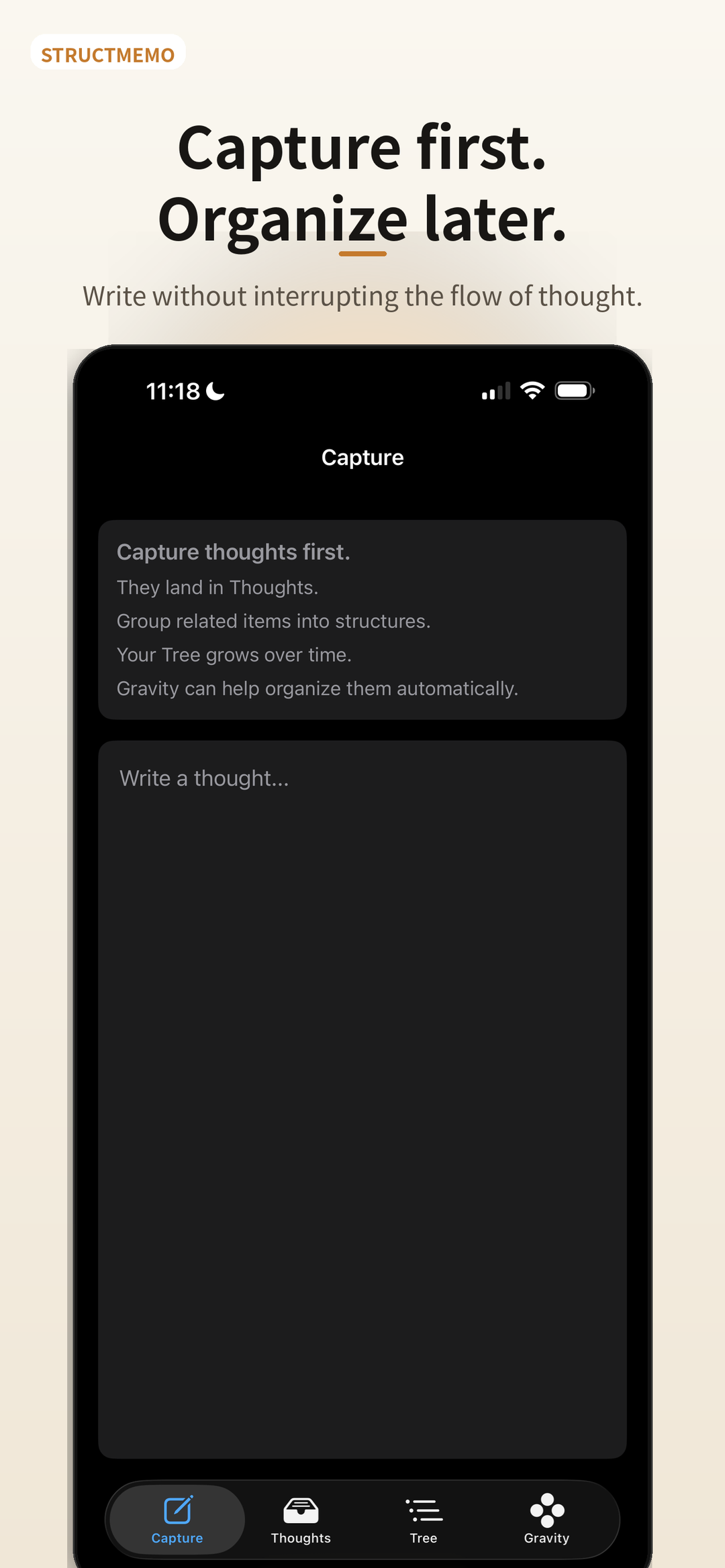 StructMemo Capture screen ready for a new Thought
