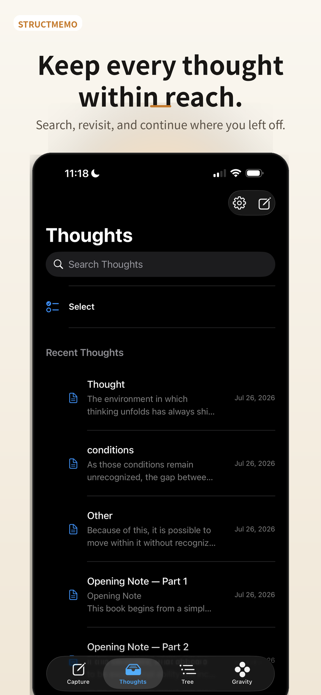 StructMemo Thoughts list with search and recent Thoughts