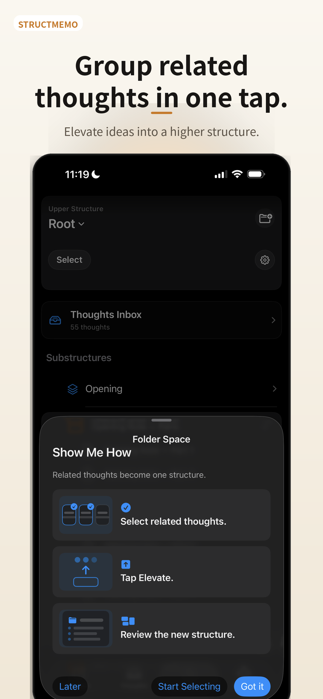 StructMemo selection flow explaining how to group and elevate related Thoughts
